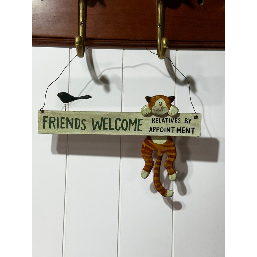 Friends Welcome Relatives By Appointment Wooden Cat Sign Wall Decor Folk Art